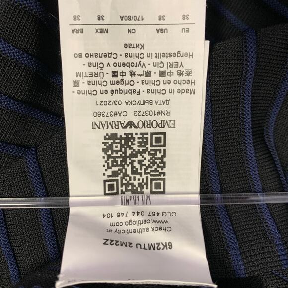 EMPORIO ARMANI Size S Black Navy Viscose Blend Stripe Mock Neck Dress Top - Picture 7 of 9